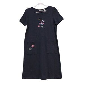 NWT Vintage Midi Dress Medium Navy Embroidered Bird Cottagecore Grandma Casual